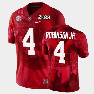Men's Alabama Crimson Tide #4 Brian Robinson Jr. Crimson White 2022 National Championship Decisive Highlights College Football Jersey 317893-529