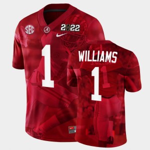 Men's Alabama Crimson Tide #1 Jameson Williams Crimson White 2022 National Championship Decisive Highlights College Football Jersey 129294-291