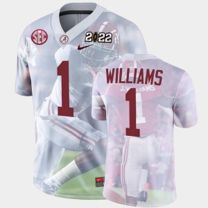 Men's Alabama Crimson Tide #1 Jameson Williams White 2022 National Championship Decisive Highlights College Football Jersey 159057-783