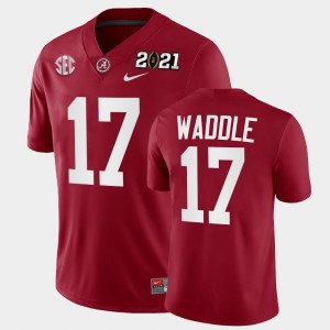Men's Alabama Crimson Tide #17 Jaylen Waddle Crimson Playoff Game 2021 National Championship Jersey 853883-274