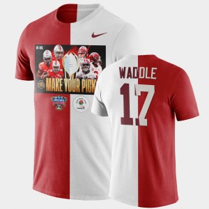 Men's Alabama Crimson Tide #17 Jaylen Waddle Scarlet White Make Your Pick Matchup Split 2021 National Championship T-Shirt 171627-663