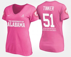 Women's Alabama Crimson Tide #51 Carson Tinker Pink With Message Name and Number T-Shirt 696842-340