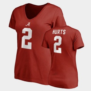 Women's Alabama Crimson Tide #2 Jalen Hurts Crimson Name & Number V-Neck College Legends T-Shirt 596066-312
