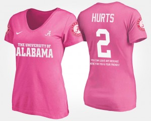 Women's Alabama Crimson Tide #2 Jalen Hurts Pink With Message Name and Number T-Shirt 865725-709